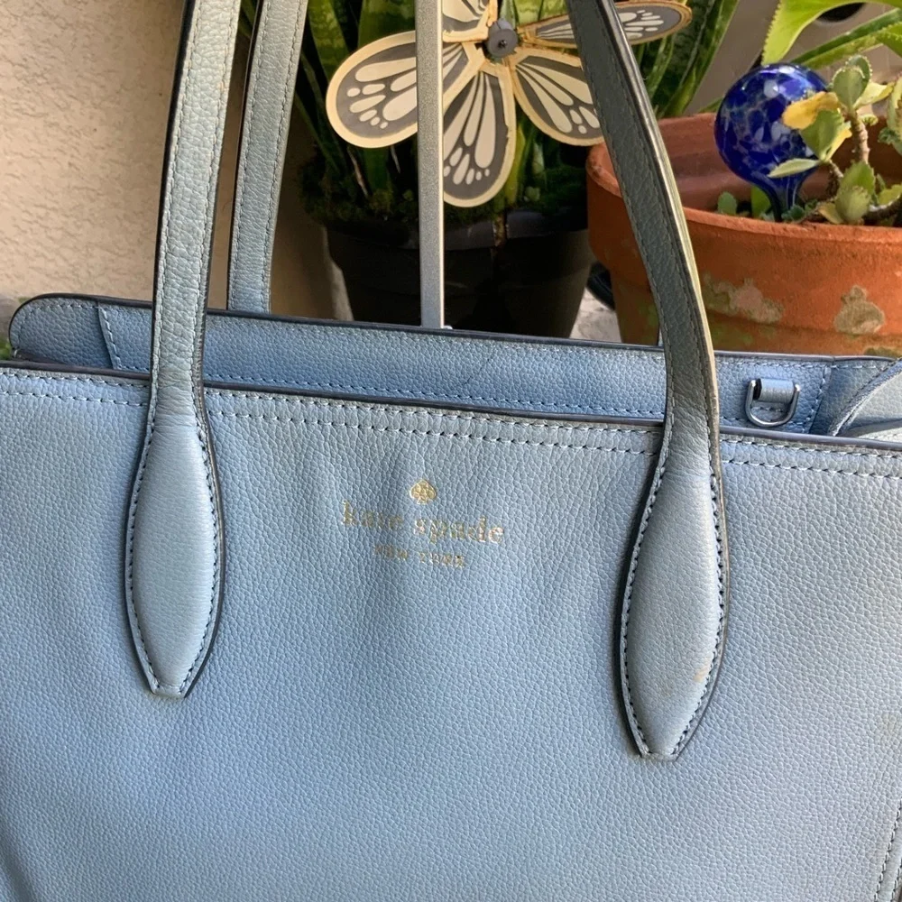 Kate Spade Rowe Dusty Blue Medium Top Zip Pebble Leather Satchel Purse Bag